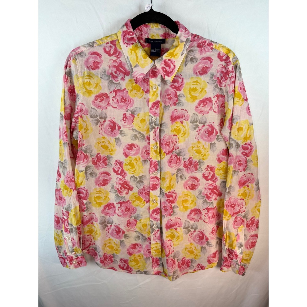 The Limited Womens Pink Yellow Floral Rose Print Cotton Button Down Shirt M